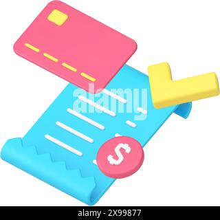 Pagamento transazione di acquisto online conferma del successo icona 3d illustrazione vettoriale realistica. Fattura della ricevuta di pagamento dell'ordine con carta di credito Illustrazione Vettoriale