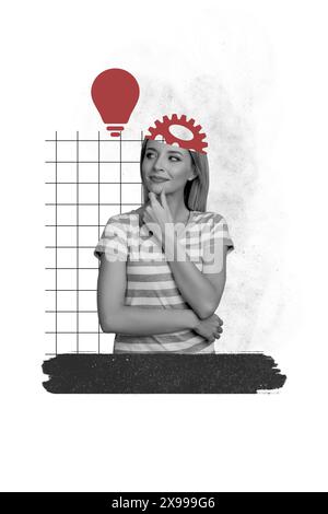 Immagine collage grafica di donna intelligente tocco a mano mento Hmm soluzione decisionale dilemma isolata su sfondo dipinto Foto Stock