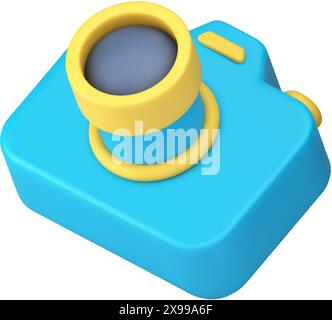 Creazione di contenuti fotografici e video da fotocamera tecnologia ottica zoom icona 3d illustrazione vettoriale realistica. Fotografia di attrezzature per lo scatto Illustrazione Vettoriale