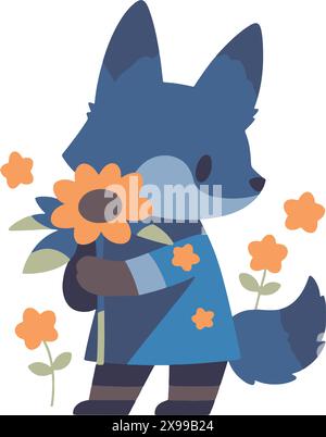 Animal Friend's Gardening, carino illustrazione vettoriale in stile cartone animato (lupo) Illustrazione Vettoriale