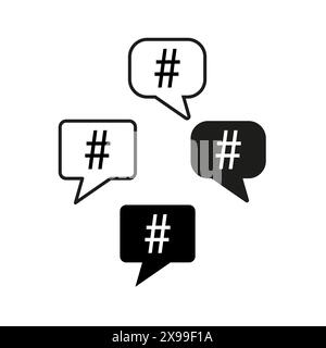 Bolle vocali dell'hashtag. Icone dei social media. Simboli degli argomenti di tendenza. Segnali chat di comunicazione. Illustrazione vettoriale. EPS 10. Illustrazione Vettoriale