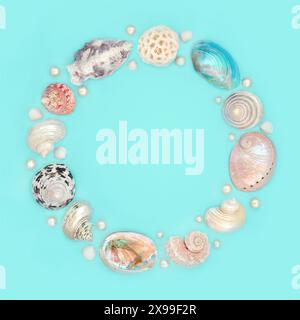 Decorazione astratta di corone di mare e perle su sfondo blu pastello. Grande collezione di conchiglie esotiche e tropicali, design naturale estivo Foto Stock