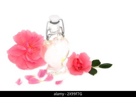 Rosewater per la cura della pelle con fiori rosa su bianco con bottiglia a forma di cuore. Prodotto naturale per idratare la pelle, trattare il rossore della pelle, l'irritazione. Foto Stock