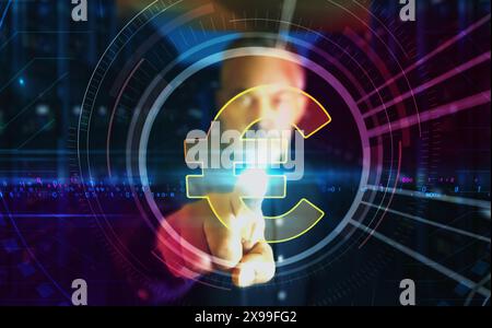 Euro moneta simbolo finanziario euro concetto 3d astratto digitale. Touch screen con le dita. tecnologia informatica e background di rete. L'uomo spinge il display del computer. Foto Stock