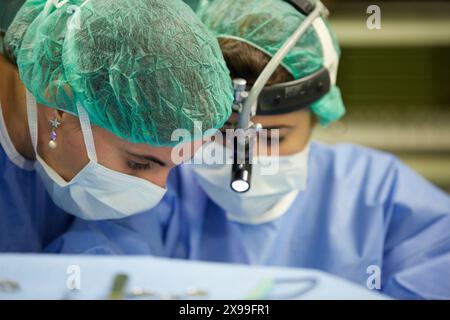 Tonsillectomia, chirurghi che eseguono un intervento di rimozione tonsillectomia, ORL, sala operatoria di Otolaringoiatria, ospedale Donostia, San Sebastian, Gipuzkoa, Paesi Baschi, Spagna. Foto Stock