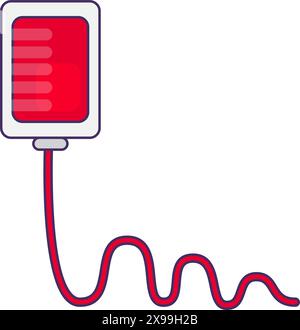 Icona gocciolamento trasfusionale di sangue. Dispositivo per l'iniezione di plasma sanguigno, elemento cartoni animati medicale per un design moderno e retrò. Semplice pittogramma vettoriale a colori Illustrazione Vettoriale