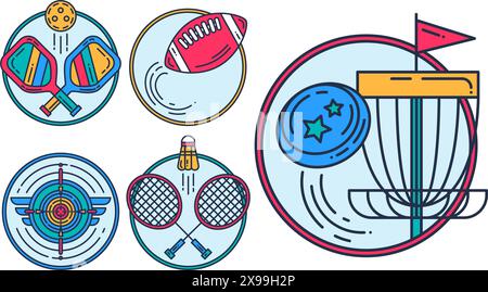 Set di emblemi sportivi di ping pong badminton tiro con l'arco rugby e gare di dischi di volo. Kit di icone multicolore e distintivi sportivi isolati su chi Illustrazione Vettoriale