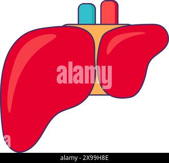 Icona del fegato umano sano. Organo di filtraggio, elemento cartoni animati medicali per un design moderno e retrò. Semplice pittogramma vettoriale di colore isolato su bianco Illustrazione Vettoriale