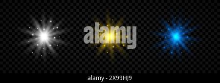 Effetto luminoso dei brillamenti dell'obiettivo. Set di tre luci luminose bianche, gialle e blu che brillano sullo sfondo trasparente. Il vettore Illustrazione Vettoriale