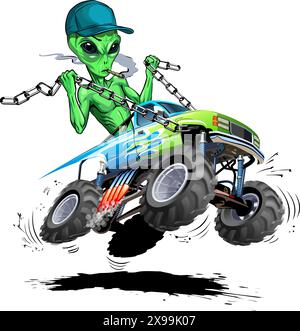 L'alieno dei cartoni animati vettoriali guida un monstertruck. Formato vettoriale EPS-10 disponibile separato da gruppi e livelli per una facile modifica Illustrazione Vettoriale