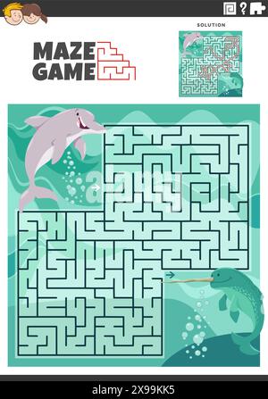 Illustrazione a cartoni animati di un gioco di puzzle labirinto educativo con delfini e narwhali animali marini Illustrazione Vettoriale