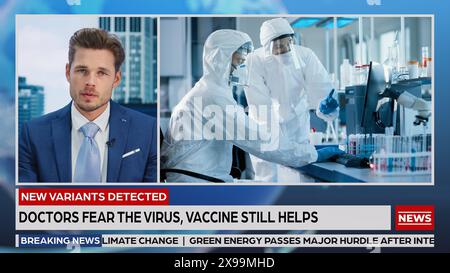 Colloqui di ancoraggio per i rapporti in tempo reale di notizie TV a schermo diviso. Crisi COVID-19: Emergenza ospedaliera, medici e pazienti, vaccinazione, produzione di vaccini, assistenza sanitaria. Concetto di canale del programma televisivo Foto Stock