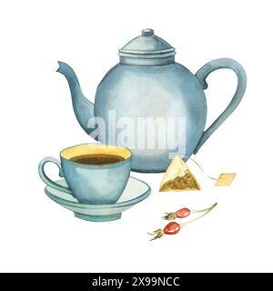 Teiera da cucina e tazza in porcellana blu, rosa fianchi, bustina di tè. Tutti gli oggetti sono dipinti a mano con acquerelli. Illustrazione acquerello. Per la stampa Foto Stock