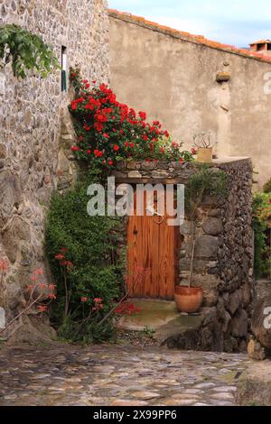 Ingresso alla casa decorata con fiori rossi in fiore nel villaggio montano dei Pirenei di EUS, Francia Foto Stock