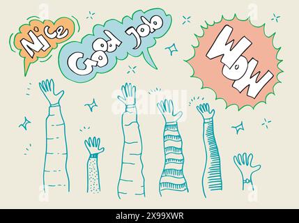 Applausi disegna a mano su sfondo bianco con Wow, bello, ottimo lavoro testo.illustrazione vettoriale. Illustrazione Vettoriale