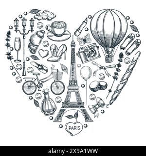 Simboli di Parigi in poster a forma di cuore, banner, modello di etichetta. Illustrazione dello schizzo disegnata a mano vettoriale isolata su sfondo bianco. Amo la Francia fa Illustrazione Vettoriale