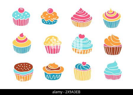 Dolce pasticceria, diversi Cupcakes muffin Set Doodle Illustrazione Vettoriale