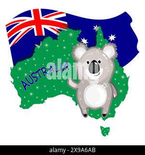 Koala sulla mappa dell'Australia con bandiera su sfondo bianco. Australia Day, koala, mappa e bandiera. Sfondo di Koala e mappe australiane. Illustrazione vettoriale Illustrazione Vettoriale