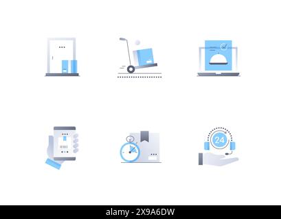 Consegna e ordinazione delle merci - Set di icone in stile design piatto Illustrazione Vettoriale