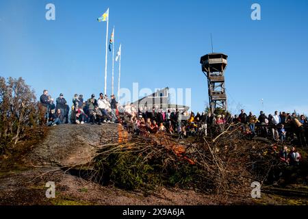 VAPPU, VALBORG, NOTTE DI WALPURGIS, Åland: Il 30 aprile Ålanders nell'arcipelago del Mar Baltico celebra un tradizionale festival stagionale chiamato Valborg in svedese (noto anche come Vappu in finlandese e Walpurgis Night in inglese) agli Uffe på Berget, Åland, Mar Baltico, Finlandia. La gente indossa i cappelli di laurea, canta vecchie canzoni e costruisce falò in Finlandia e in tutti i paesi nordici e scandinavi per salutare l'inverno e dare il benvenuto in primavera. Foto Stock