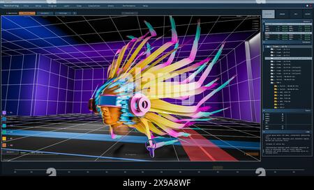 Interfaccia utente digitale del software di progettazione 3d per installazioni artistiche in realtà virtuale. Sviluppo dell'app Interactive Simulator VR per creare Cyber Craft, animazione espressiva, Building Metaverse. Foto Stock
