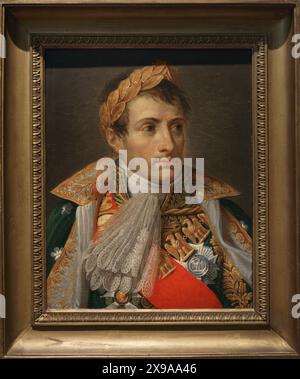 Napoleone Bonaparte (1769-1821). Leader politico e militare francese. Come Napoleone i, fu imperatore di Francia (1804-1815). Napoleone Imperatore e Re d'Italia. Ritratto di Andrea Appiani (1754-1817). Napoleone è raffigurato indossando il mantello e la corona d'alloro utilizzati durante la sua incoronazione come imperatore a Notre Dame a Parigi. Il mantello mostra il segno del Gran Maestro della Legione d'Onore. Olio su tela, CA. 1809-1814. Museo del Risorgimento. Milano. Italia. (In prestito, Galleria d'Arte moderna di Milano). Autore: Andrea Appiani (1754-1817). Pittore italiano. Foto Stock