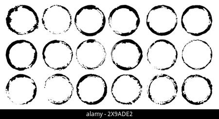 Grunge le stampe sporche per il tuo progetto. Raccolta di segni vettoriali neri da tazze e bicchieri isolati su sfondo bianco. Pennellate, macchie, gocce Illustrazione Vettoriale