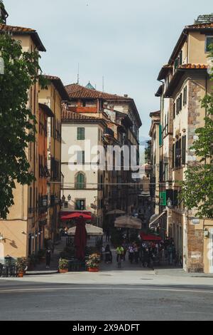 Una scena di strada con un sacco di persone nella storica città medievale di Lucca in Toscana, Italia in una serata soleggiata con architettura classica e alberi. Foto Stock