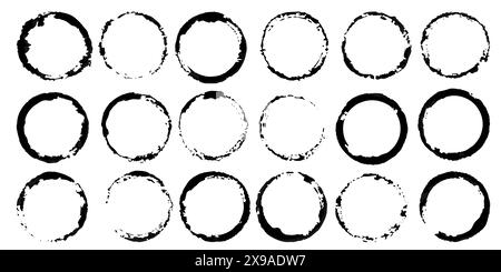 Grunge le stampe sporche per il tuo progetto. Raccolta di segni vettoriali neri da tazze e bicchieri isolati su sfondo bianco. Pennellate, macchie Illustrazione Vettoriale