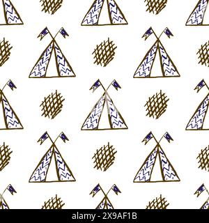 Motivo senza cuciture. Disegni per bambini con pastelli di cera. Tenda, wigwam. Stampa per design in tessuto Illustrazione Vettoriale