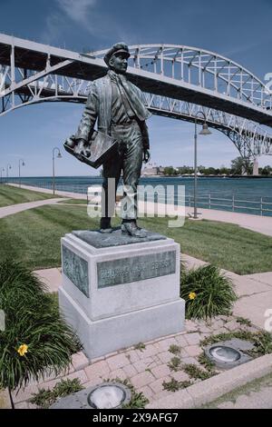 Statua di Thomas Alva Edison con sullo sfondo il Blue Water Bridge, Port Huron Michigan USA Foto Stock