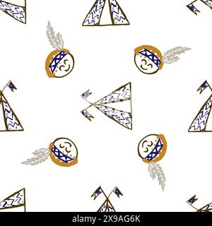 Motivo senza cuciture. Disegni per bambini con pastelli di cera. Wigwam, indiano. Stampa Illustrazione Vettoriale