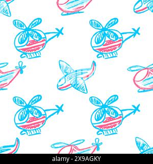 Giocattoli con motivo senza cuciture. Elicotteri, aerei. Disegni per bambini con pastelli di cera. Stampa per tessuti, tessuti, tessuti, carta da parati, involucri Illustrazione Vettoriale