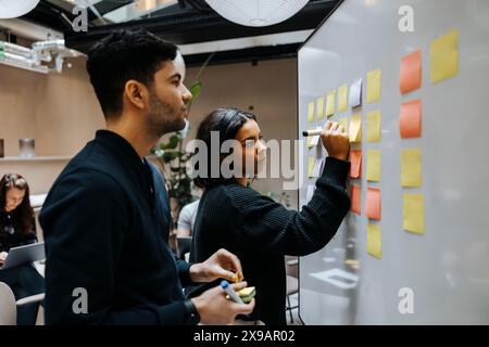 Imprenditrice donna che scrive su una nota adesiva mentre si trova accanto a un collega maschio vicino alla lavagna in ufficio Foto Stock