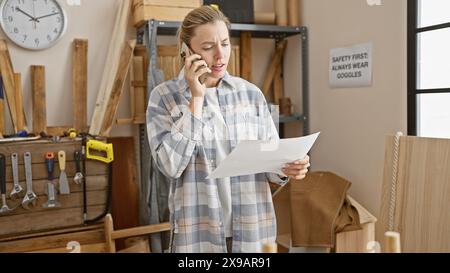 Una giovane donna preoccupata in un'officina che parla al telefono mentre tiene un documento. Foto Stock