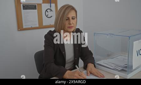 Un'anziana donna caucasica in un collegio elettorale al chiuso firma documenti vicino a una casella elettorale trasparente, riflettendo un processo di voto democratico in corso. Foto Stock