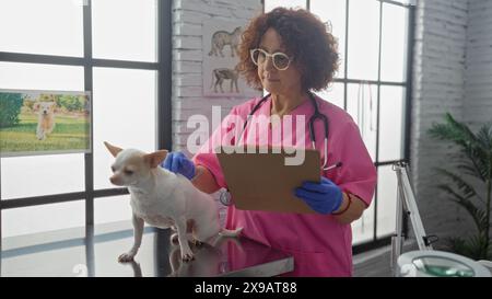 Un'anziana donna caucasica veterinaria in una clinica esamina un cane chihuahua al chiuso, indossando scrub rosa e tenendo un appunti. Foto Stock