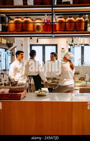 Briefing su chef di sesso maschile e femminile mentre si trova in cucina commerciale Foto Stock