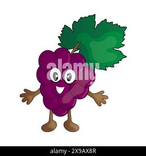 Carino cartone animato che sorride l'uva. Frutta su sfondo bianco. Illustrazione per bambini vettoriali. Illustrazione Vettoriale