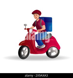 Servizio di consegna del cibo. Un uomo su uno scooter con una grande borsa sulla schiena. Illustrazione vettoriale. Illustrazione Vettoriale