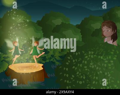 Una ragazza guarda le fate danzanti nella foresta di notte. Illustrazione di una fiaba. Immagine vettoriale. Illustrazione Vettoriale