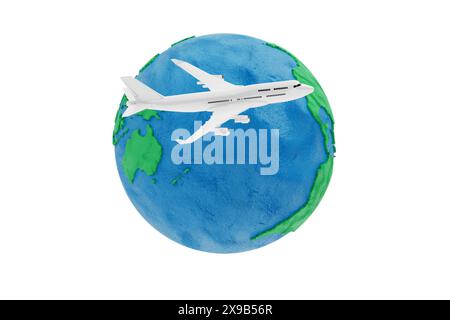 L'aereo passeggeri vola intorno al plasticine Globe Earth su sfondo bianco. Rendering 3d. Foto Stock