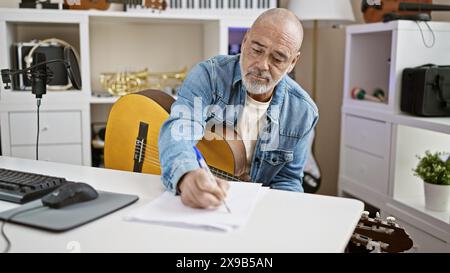 Un uomo barbuto maturo scrive in un ufficio con una chitarra, un computer e un microfono, simboleggiando il lavoro creativo. Foto Stock