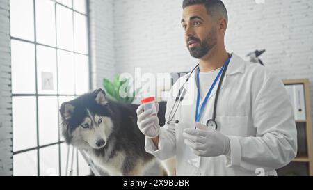 Il bel veterinario ispanico con stetoscopio esamina il cane husky in una stanza clinica luminosa. Foto Stock