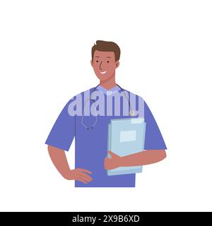 Personaggio medico che indossa un'uniforme professionale con file. Personale sanitario dell'ufficio medico. Consultazione medica, diagnosi e trattamento di Illustrazione Vettoriale