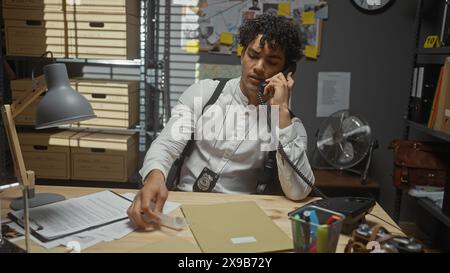 Un giovane ispanico, nell'ufficio di un detective, parla al telefono mentre si occupa dei documenti. Foto Stock