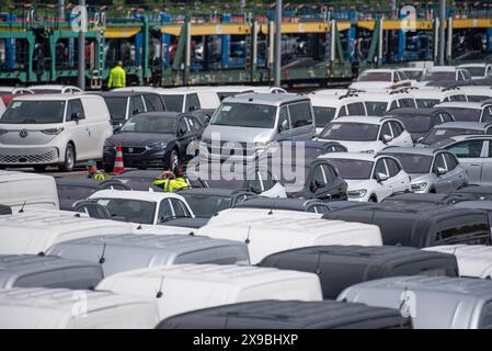 Zahlreiche Neuwagen stehen auf einem eingezäuntem Gelände vor dem Rostocker Seehafen. Der Hafen Rostock Hat seit fast 2 Jahren ein Autoterminal Umschlagplatz für den Auto-Transport. 150,000 Autos sollen hier laut Betreiber Autolink und dem Hafen Rostock jährlich Richtung Skandinavien und Osteuropa verschifft werden. Auf dem 75,000 Quadratmetro großen Gelände können vollbeladene Autozüge direkt auf das Terminal fahren. Dazu gibt es zwei extra dafür gebaute 600 metri lange Gleisanbindungen. Auf 3,200 Stellflächen können die Fahrzeuge zwischengelagert werden. für die Verschiffung gibt es einen di Foto Stock