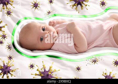 Piccolo bambino carino con forte immunità a letto. Contorno luminoso intorno al bambino che simboleggia lo scudo contro i virus, illustrazione Foto Stock