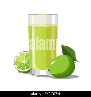 Bicchiere pieno di succo di lime spremuto verde fresco e salutare isolato su sfondo bianco. Illustrazione vettoriale in stile piatto con bevanda agli agrumi. Estate Illustrazione Vettoriale