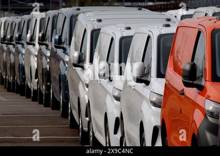 Una linea di 2024 furgoni Ford Transit Custom di recente costruzione, parte di una spedizione di oltre 100 furgoni parcheggiati in un'area di sosta dei veicoli presso un porto del Regno Unito. Foto Stock